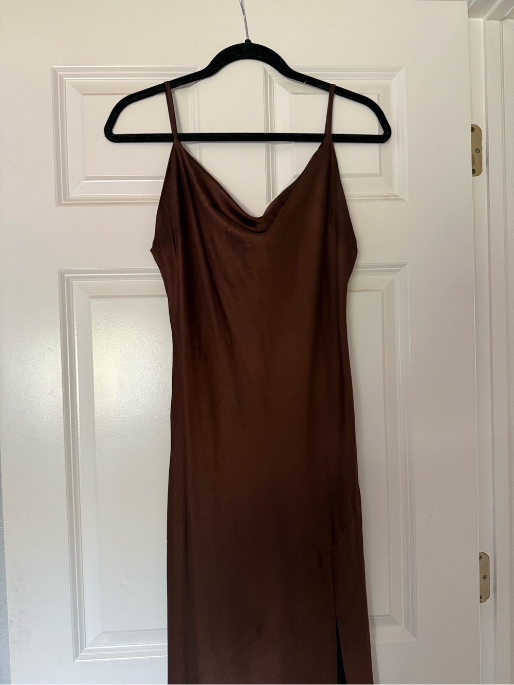 Satin Cowl-Neck Midi Slip Dress in Brown